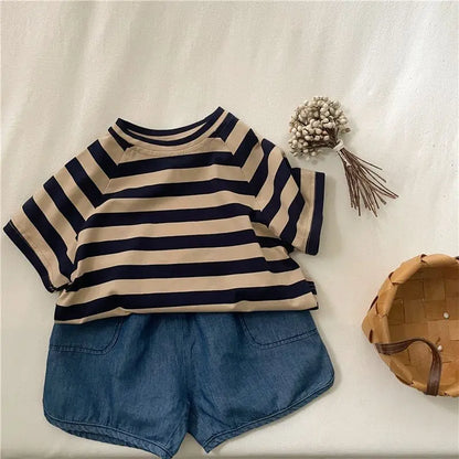 Fashion striped T-shirts for kids baby cotton short sleeve Tees boys and girls casual Tops clothes