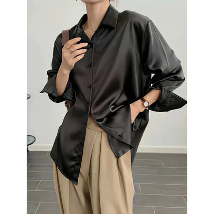 Fashion Casual Office Lady Silk Blouses Autumn Long Sleeve Button Up Shirt Women Elegant Winter Tops  Office Lady Acetate Blouse