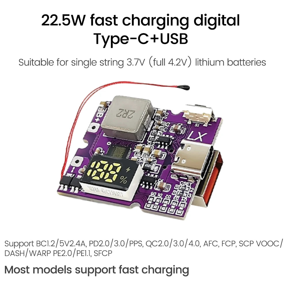 22.5W Power Bank Bidirectional Fast Charging Mobile Power Module Circuit Board With Digital/Light Type-C USB Suppor PD/QC3.0 2.0