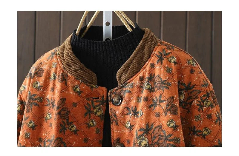 Women Retro Floral Plate Buckle Cotton Jacket Thickened Warm Cotton Clothing Cotton Linen Printed Autumn Winter Cotton Jacket