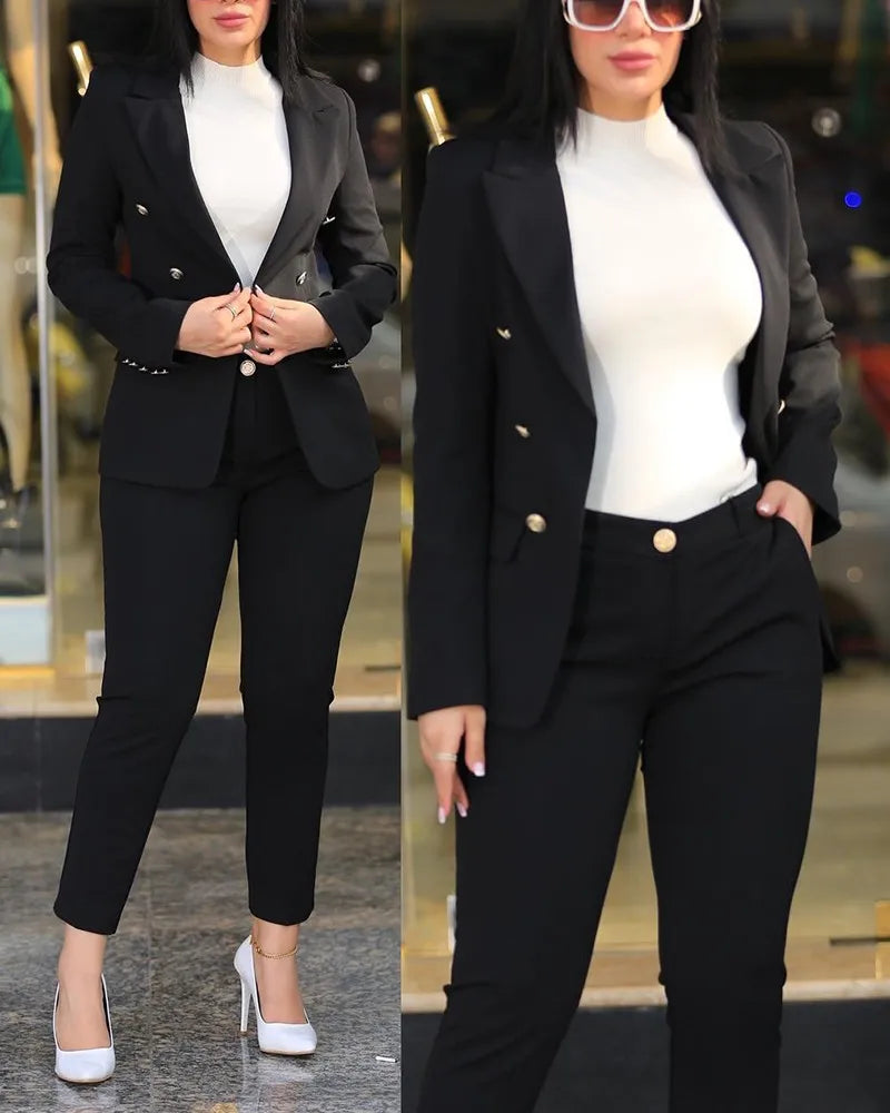 Office Lady 2 Pieces Blazer Set Ladies 2024 Elegant Pant Suit Women Chic Trousers Suit Casual Long Sleeve Jacket High Waist Pant