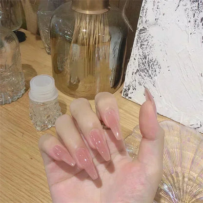 24pcs/Box Long Coffin False Nails Art Rose with Glue Wearable Nude Pink White Color Jelly Nails Tips Full Cover Press on Nails