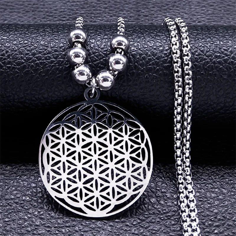 2024 Flower of Life Stainless Steel Mandala Metatron Necklaces Sacred Geometry Long Black Bead Necklace Jewerly flor de la vida