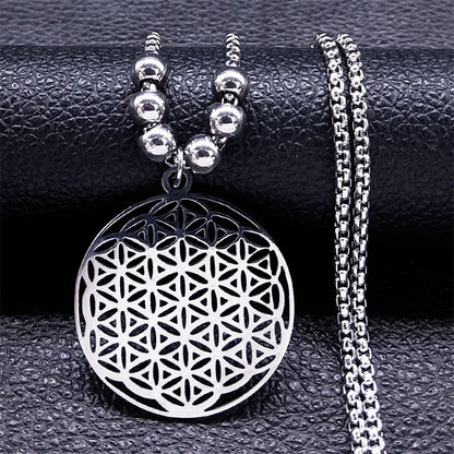 2024 Flower of Life Stainless Steel Mandala Metatron Necklaces Sacred Geometry Long Black Bead Necklace Jewerly flor de la vida