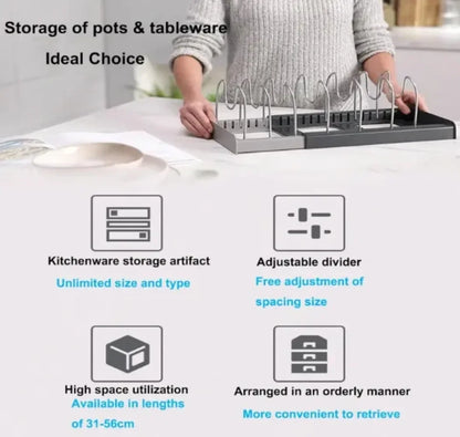 Expandable Pot and Pan Organizers Rack Holder Kitchen Cabinet Pantry Bakeware Organizer Rack with 6 Adjustable Compartments