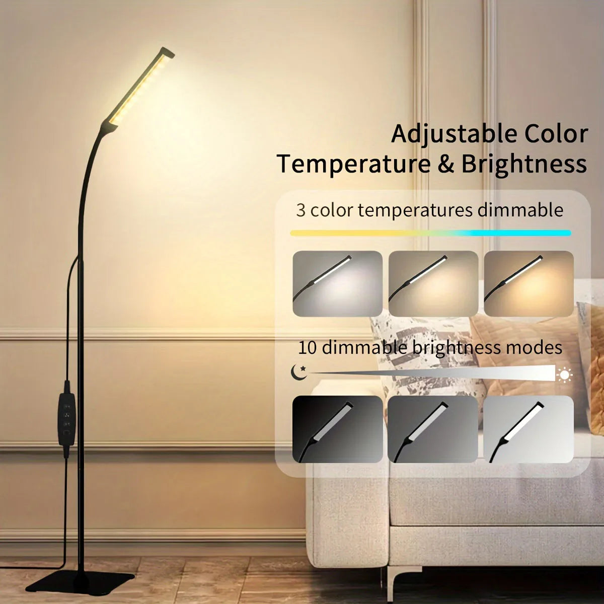 LED Floor Lamp, Eye Caring Reading dimmable desk lamp  flexible gooseneck [120 LED 3 color] for living room, bedroom, office