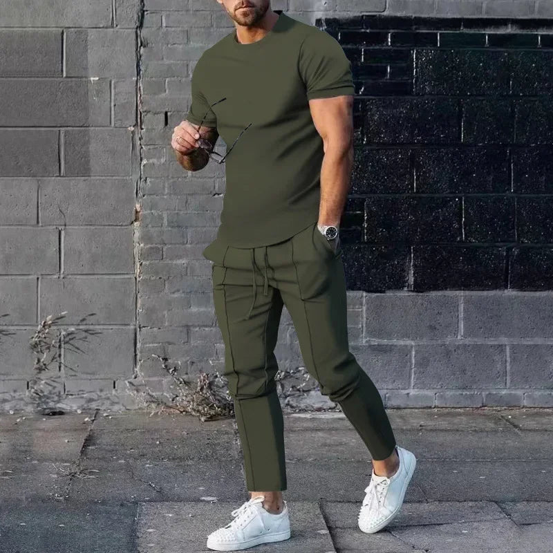 Sports Set Mens Fall 2023 Summer Solid Casual Round Neck Short Sleeve Sports T-shirt Two Piece Set for Men