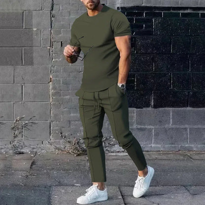 Sports Set Mens Fall 2023 Summer Solid Casual Round Neck Short Sleeve Sports T-shirt Two Piece Set for Men