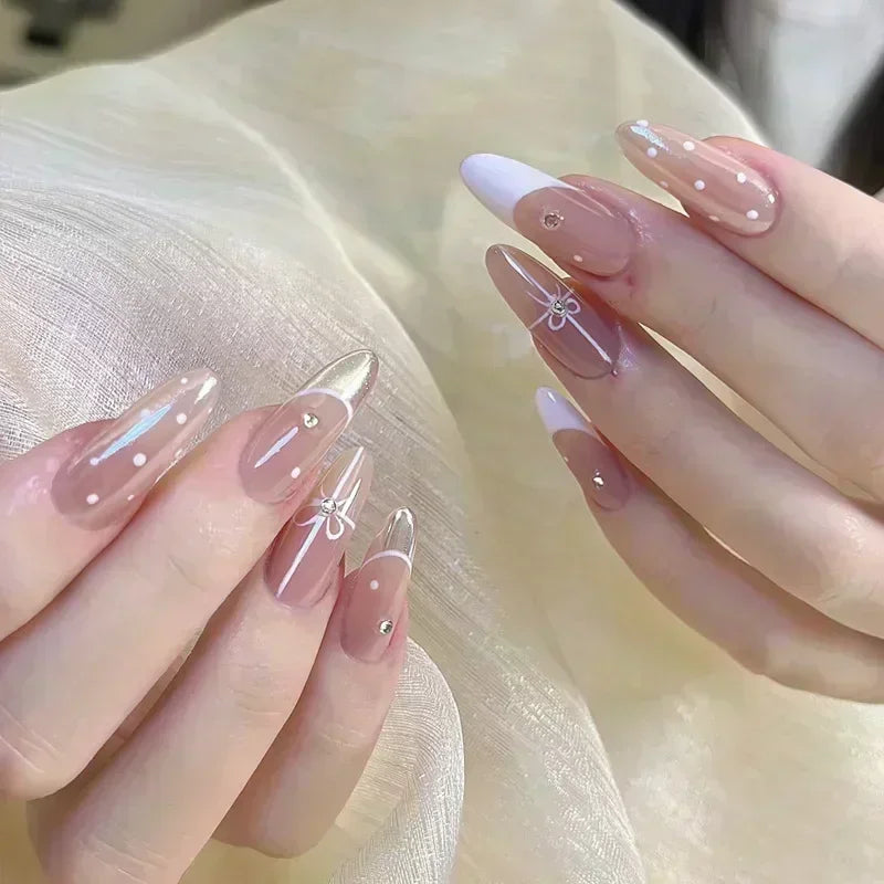 24Pcs Almond Pure Handmade Press On Nails Full Cover Butterfly French Pearl Diamond False Nails Wearable Manicure Nail Tips Art