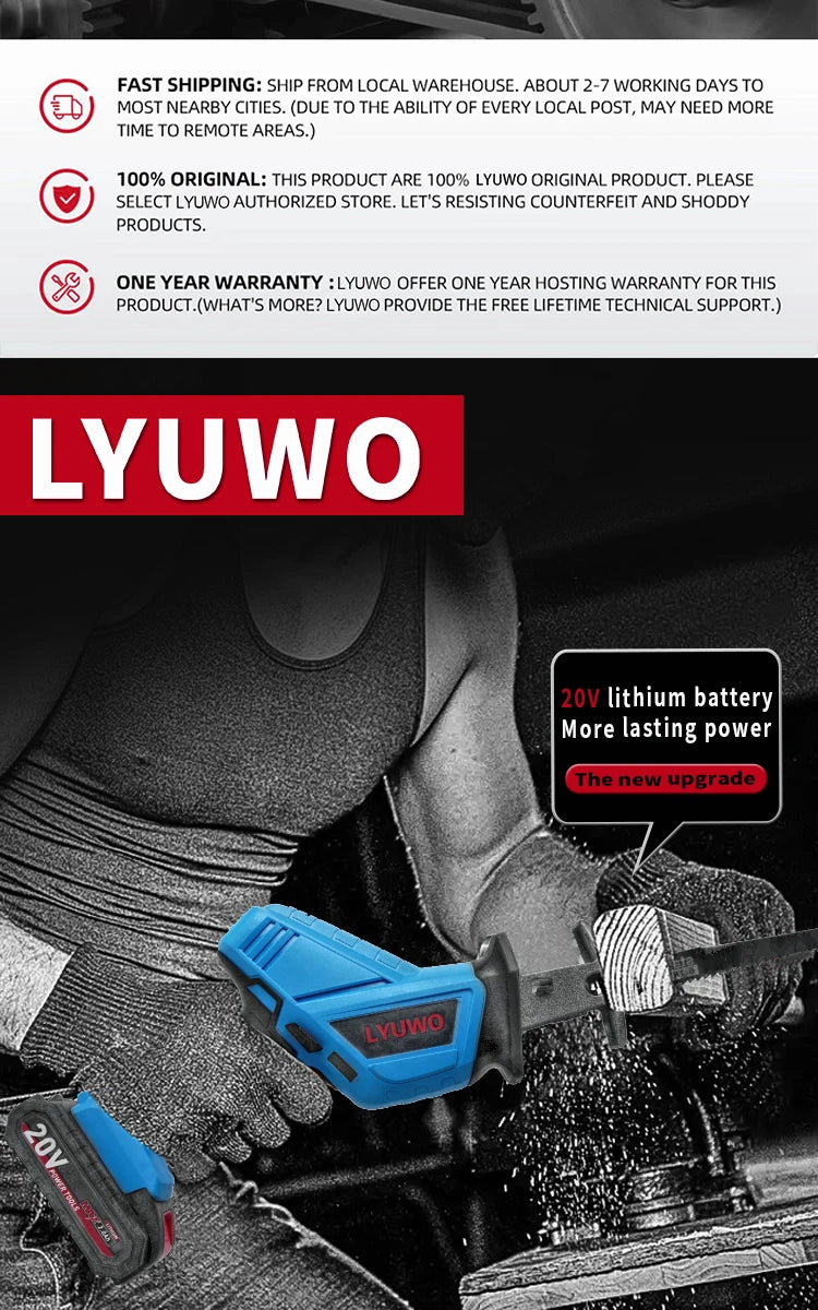 20V Rechargeable Reciprocating Saw Adjustable Speed Electric Saw Blade Saw Portable Wood Metal Cutting Chain Saw