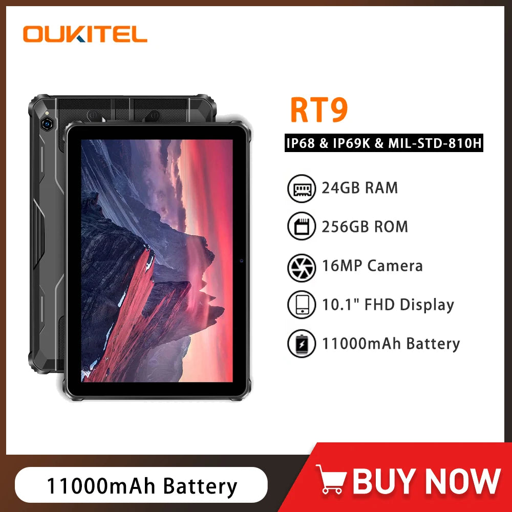 Oukitel RT9 4G Rugged Tablet 10.1" HD Display 24GB RAM 256GB Waterproof Tablet 11000mAh Battery Android 14.0 Tablet PC