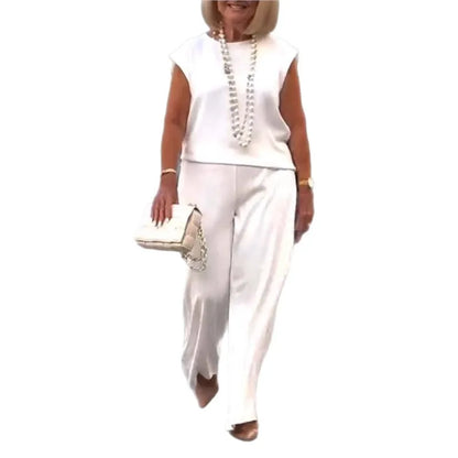 Elegant Women 2-piece Office Set 2025 Group Of Pant Outfit Ladies Temperament Sleeveless O-Neck Blouse Tops&Wide Leg Pants Suit