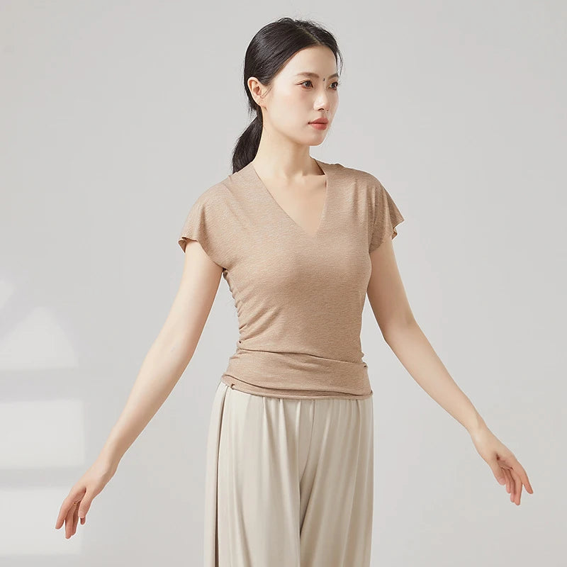 Modern Dance Clothes Women  V-Neck Seamless Short Sleeve T-Shirt Elegant Stage Costume Basic Training Tops Casual Summer Blouse