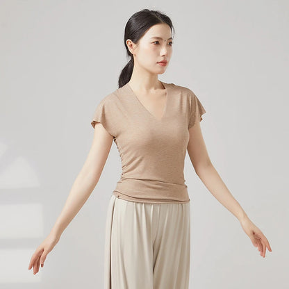 Modern Dance Clothes Women  V-Neck Seamless Short Sleeve T-Shirt Elegant Stage Costume Basic Training Tops Casual Summer Blouse