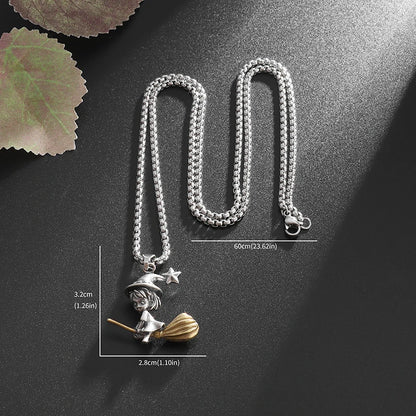 Exquisite Witch Broom Necklace Cute Magic Girl Pendant Men Women Rock Party Trendy Jewelry Halloween Gift