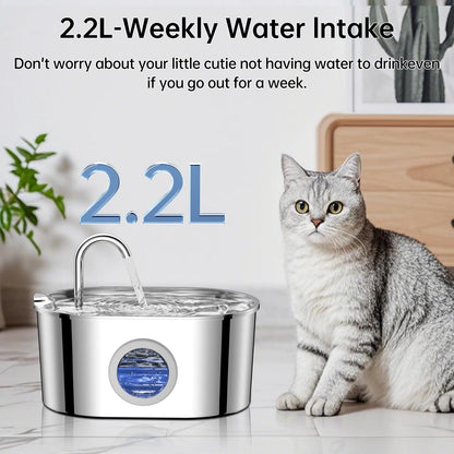 Stainless steel cat fountain, 74 oz/2.2 liters with water level windows and silent water pump for cats and puppies