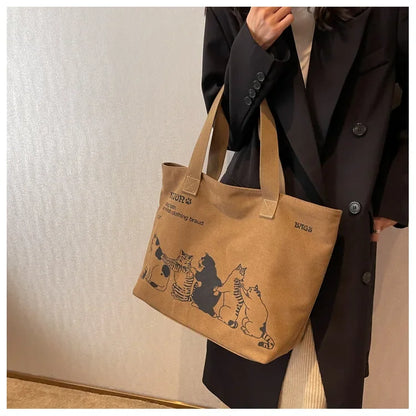 Canvas Totes Large Capacity Storage Handbag Women Tote Anime Cat Letters Shoulder Bags Girls Casual Commute Bag Portable Big Bag