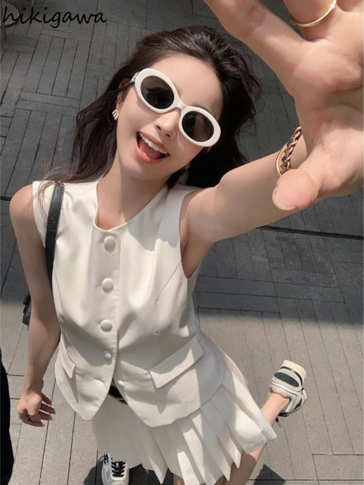Womans Clothes for 2025 Two Piece Set Sleeveless Tunic Vest Coat High Waist Pleated Mini Skirts Outfits Chic Korean Summer Suit