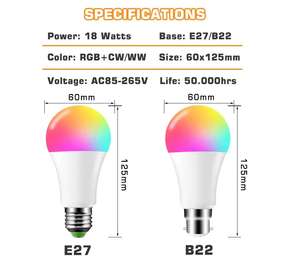 LED Smart Light Bulb, Color Changing Alexa Light, RGB Smart Lamp That Work With Alexa, E27 B22 Base,16 Million Colors,Dimmable