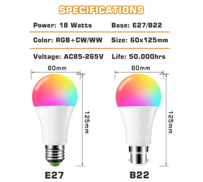 LED Smart Light Bulb, Color Changing Alexa Light, RGB Smart Lamp That Work With Alexa, E27 B22 Base,16 Million Colors,Dimmable