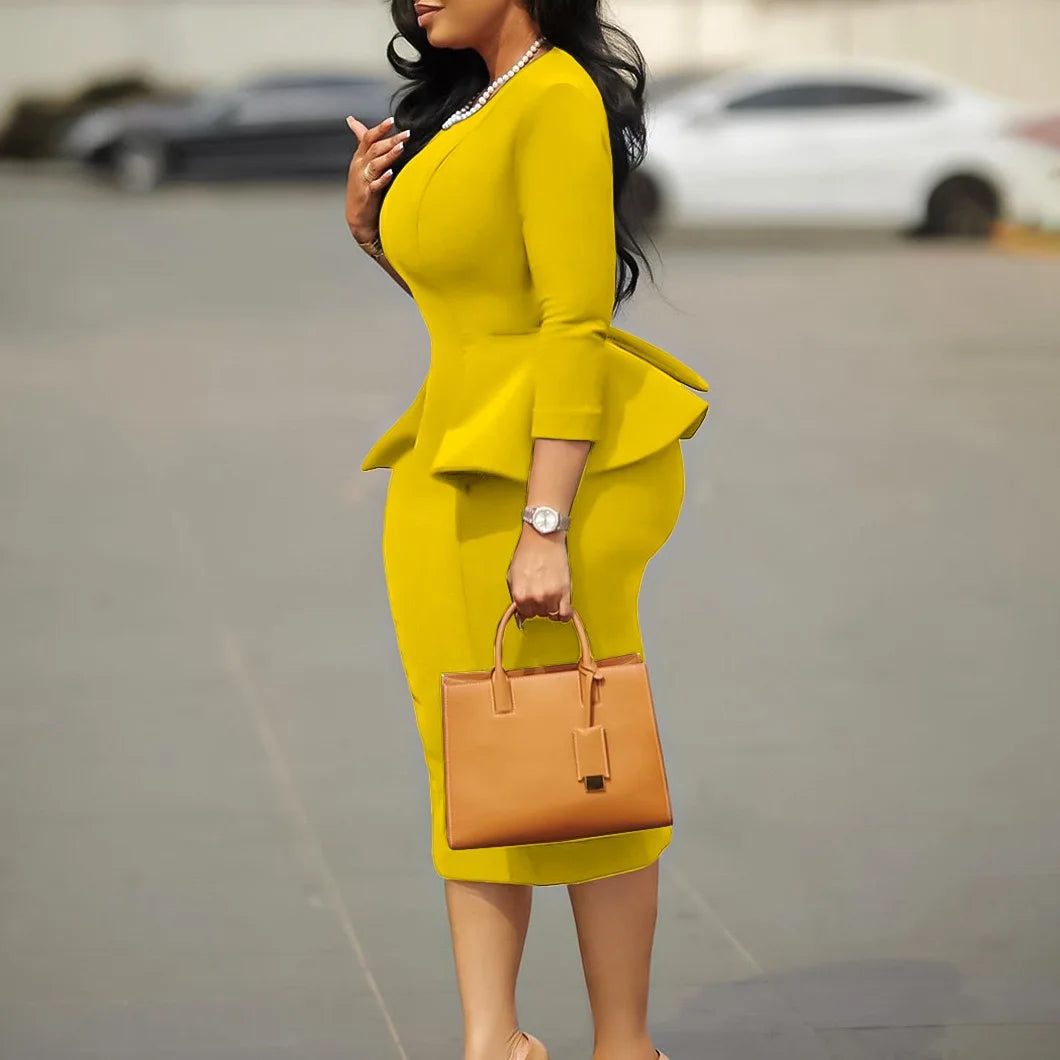 Elegant Office Dresses for Woman O Neck Full Sleeve Sheath Ruffles Package Hips Mid Calf Professional Business Work Dress Midi