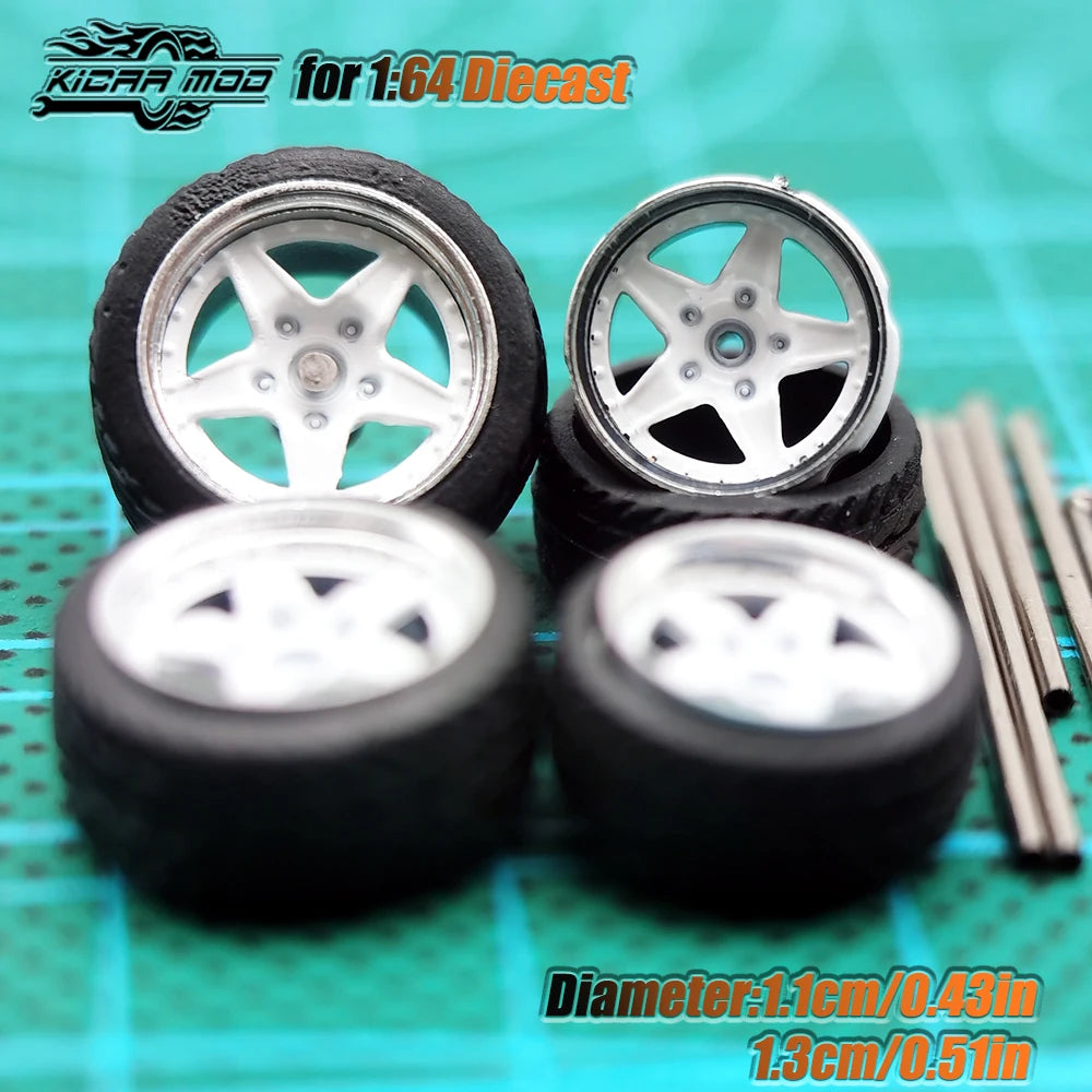 Kicarmod 1/64 Model Car ABS Wheels with Rubber Tire Metal Rims Front Small Rear Large Refitting Parts For Model Car Hot Wheels