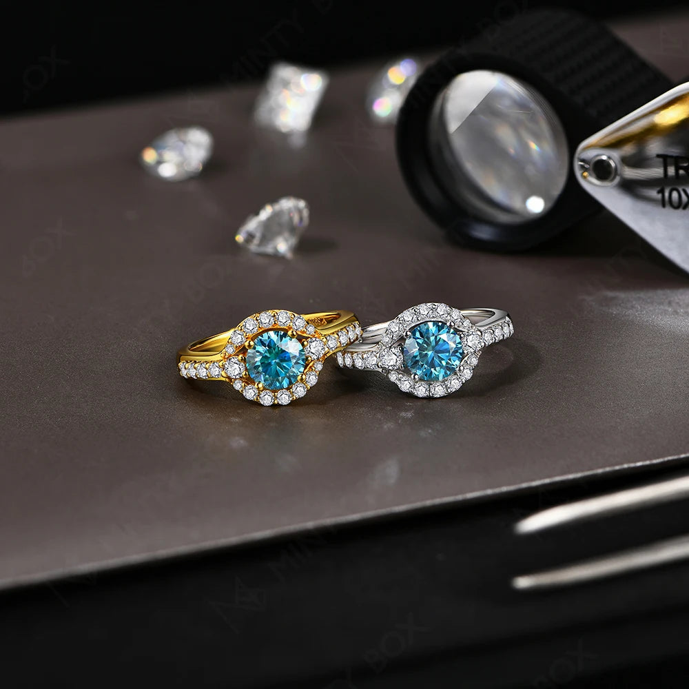 MINTYBOX 1.0ct Color Blue Moissanite Ring S925 Silver D VVS1 Lab Grown Diamond Halo Engagement Rings For Women Wedding Jewelry