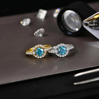 MINTYBOX 1.0ct Color Blue Moissanite Ring S925 Silver D VVS1 Lab Grown Diamond Halo Engagement Rings For Women Wedding Jewelry
