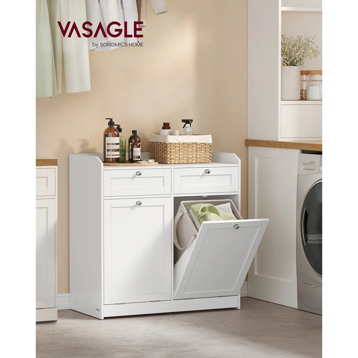 VASAGLE Bathroom Cabinet with Laundry Baskets, Bathroom Storage Unit with 2 Drawer and 2 Laundry Hampers
