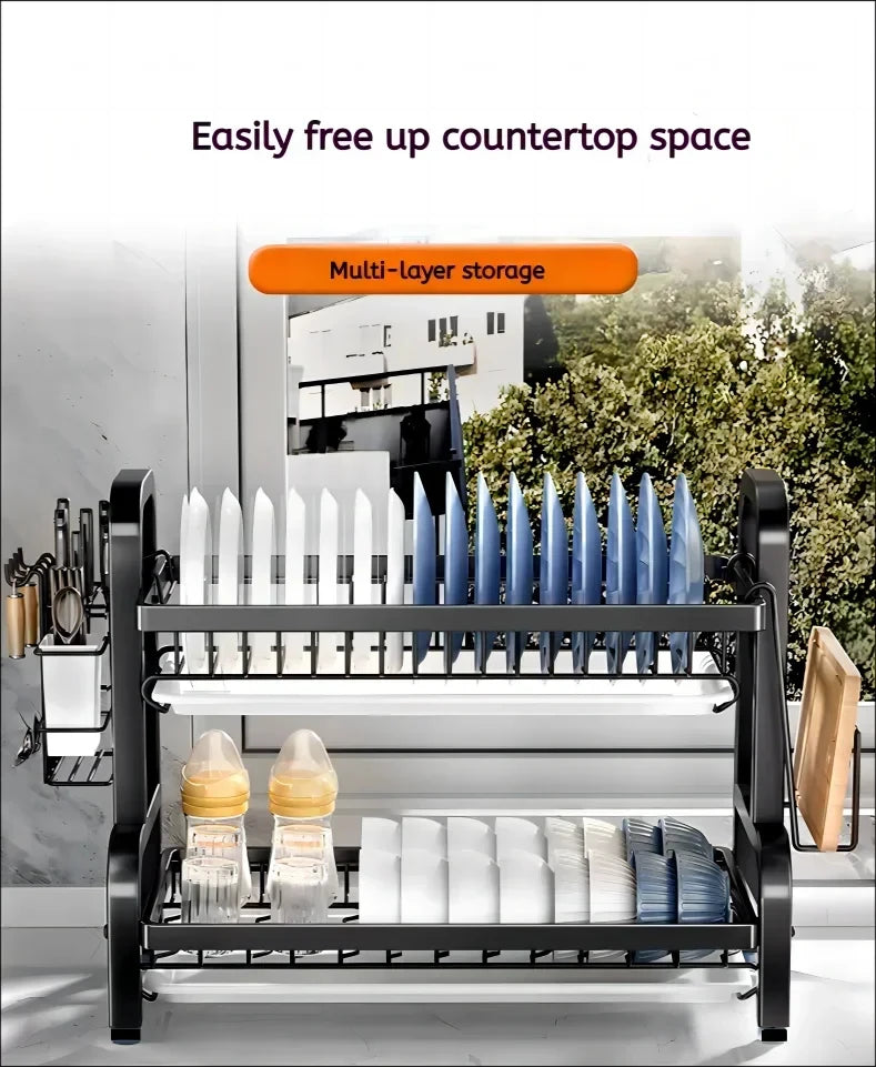 Dish Drying Rack 3-Tier Compact Kitchen Dish Rack Drainboard Set Large Rust-Proof Dish Drainer with Utensil Holder Kitchen Racks