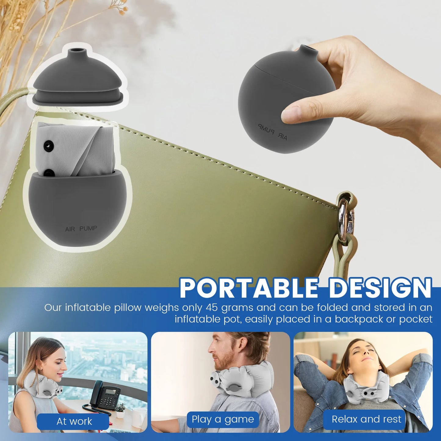 Inflatable Travel Pillow Soft Breathable Neck Headrest with Inflatable Pot 360° Support Airplane Pillow for Office Car Camping