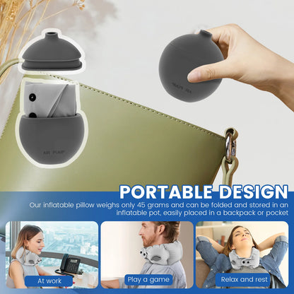 Inflatable Travel Pillow Soft Breathable Neck Headrest with Inflatable Pot 360° Support Airplane Pillow for Office Car Camping