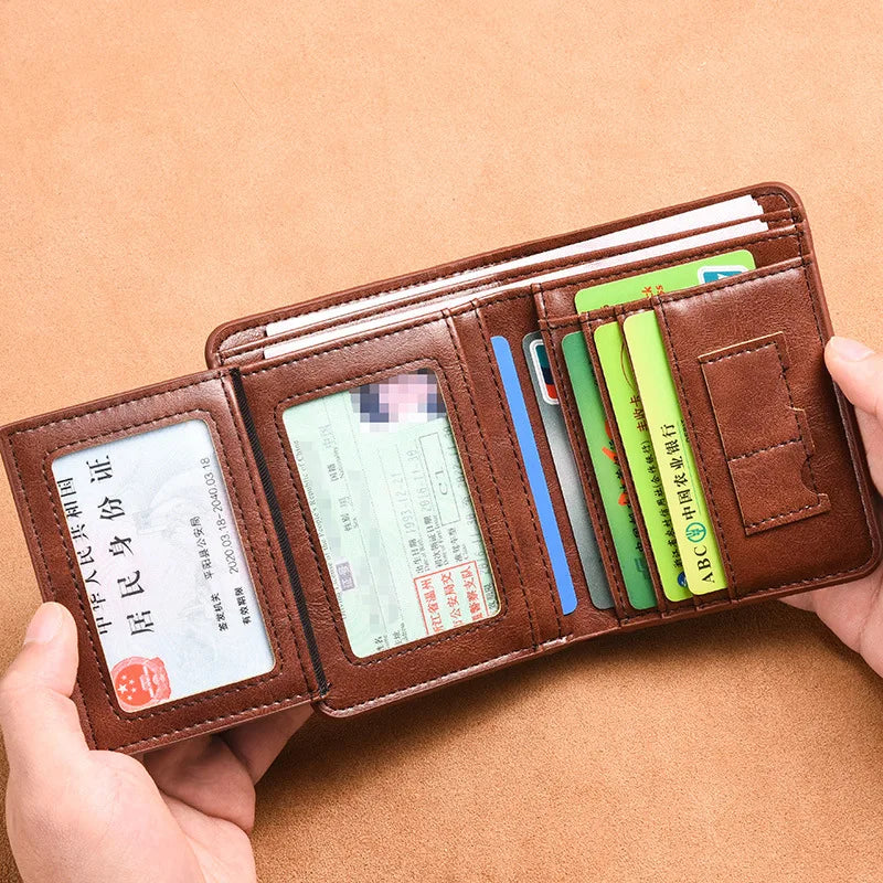 RFID Men Wallet PU Leather Blocking Trifold Wallet Vintage Thin Short Multi Function Id Credit Card Holder Male Purse Money