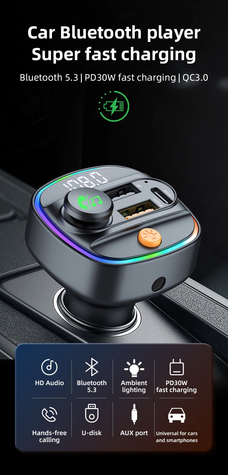 Bluetooth 5.3 FM Transmitter Handsfree Car AUX Radio Modulator MP3 Player with 22.5W & PD30W Fast Charge Adapter Car Accessories