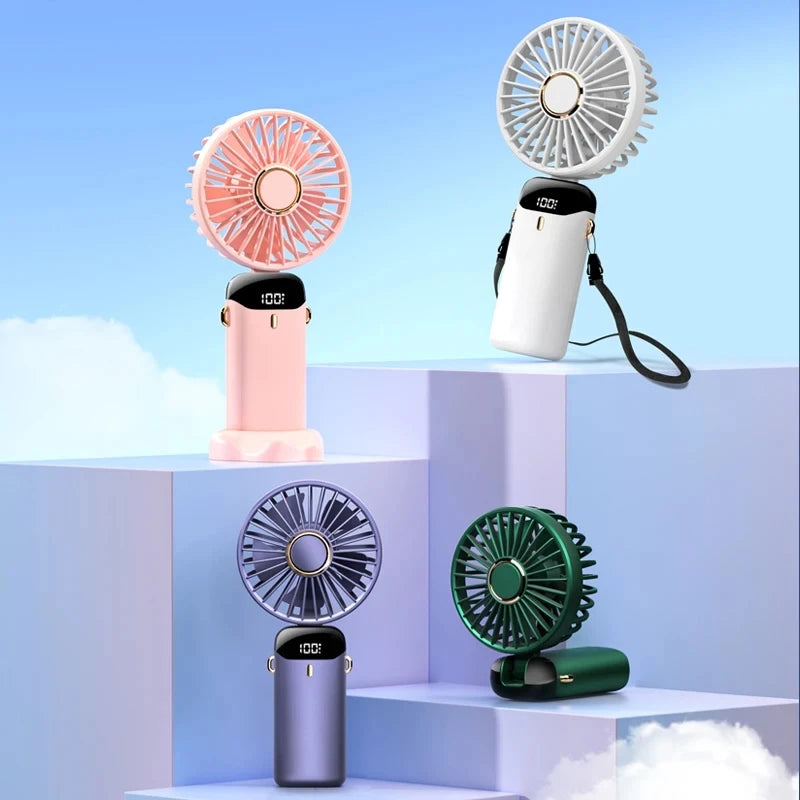 Portable mini fan that can be folded and hung around the neck, 5-speed USB charging fan, supporting phone and display screen,