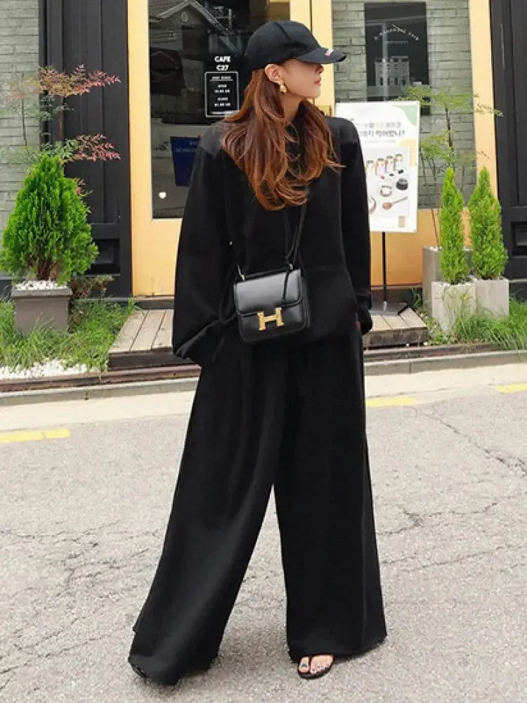 UOOZEE 2025 New Women Palazzo Pants Black Grey Color Spring Summer Fashion Casual High Waisted Wide Leg Trousers Bottoms