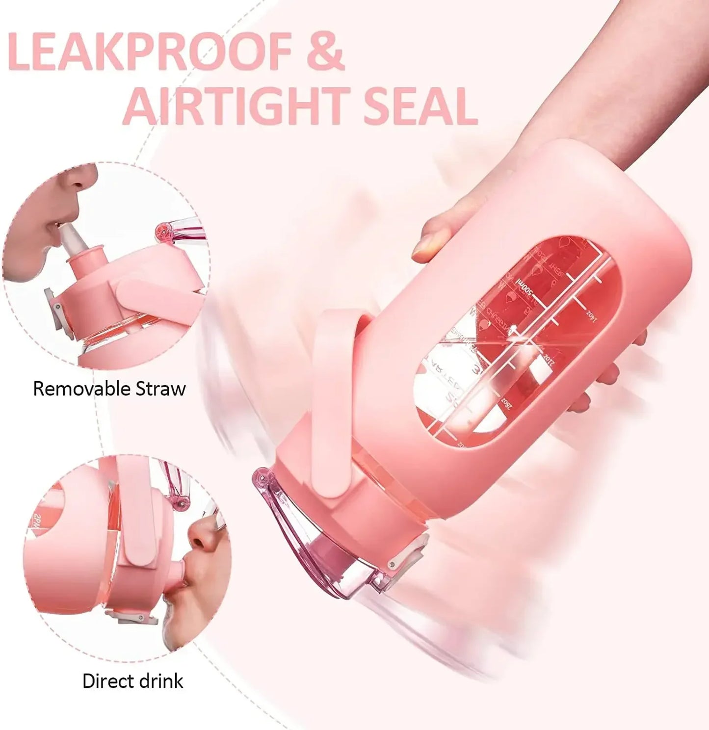 1000ML Glass Water Bottles with Straw, Glass Bottle with Silicone Sleeve and Time Marker, for Gym Camping Home Office