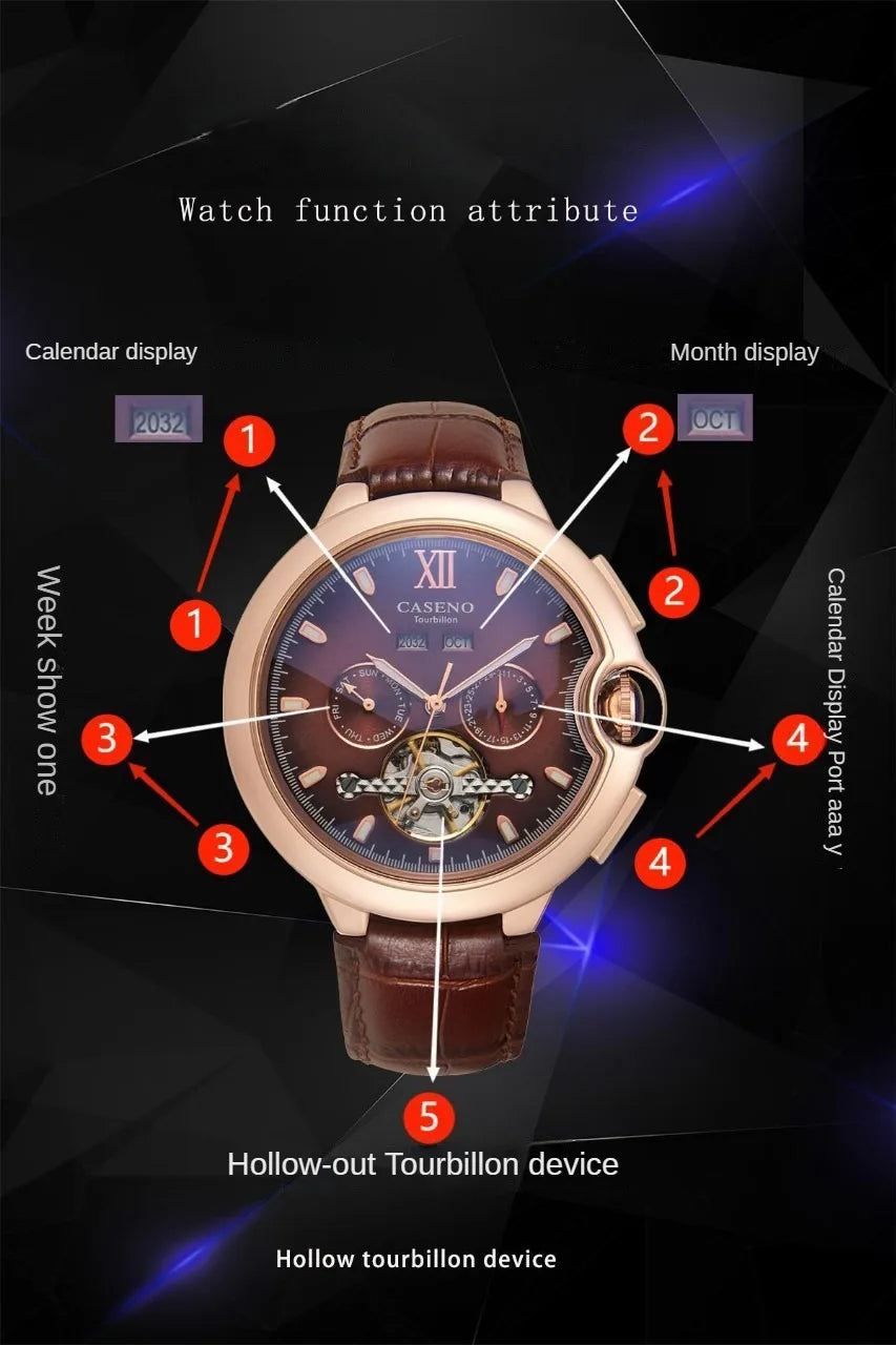 CASENO Fashion Trend Men's Blue Light Glass Night Light Scale Multi functional Fully Automatic Tourbillon Mechanical Watch 831BG