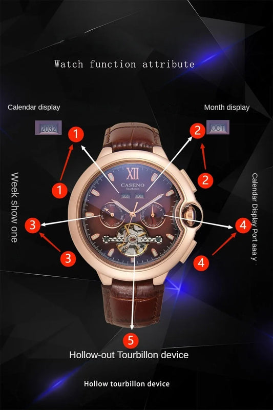 CASENO Fashion Trend Men's Blue Light Glass Night Light Scale Multi functional Fully Automatic Tourbillon Mechanical Watch 831BG