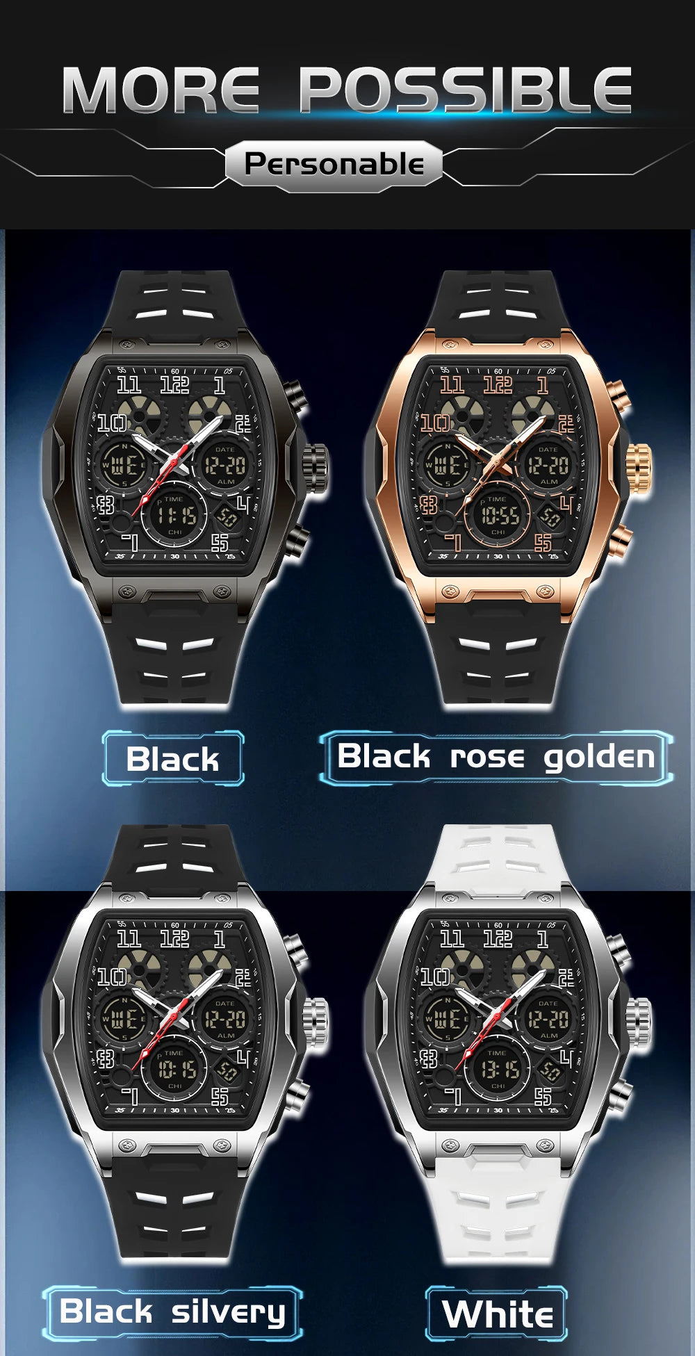 SADNA 6266 Popular Student Watch Wine Barrel Curved Mirror Alarm Clock Timer Waterproof Student Electronic Watch 2025