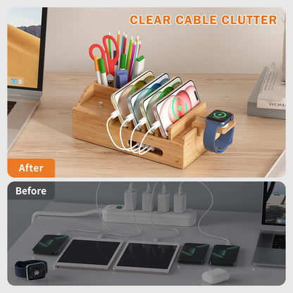 Bamboo Charging Station for Multiple Devices Desktop Organizer for Phones Tablet Wooden Docking Stations