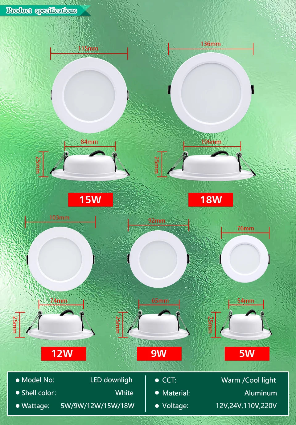 LED Downlight 5W 9W 12W 15W 18W White Body Round Led Ceiling Light DC 12V 24V AC 110V 220V Bedroom Kitchen Indoor LED Lighting