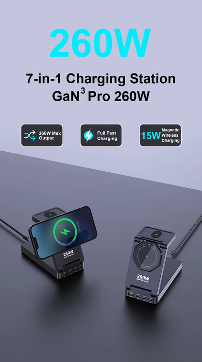 7-in-1 Charging Station 260W GaN Fast USB C Desktop Charger 15W Magnetic Wireless Charger for iPhone 16/15 Pro Max MacBook Pro