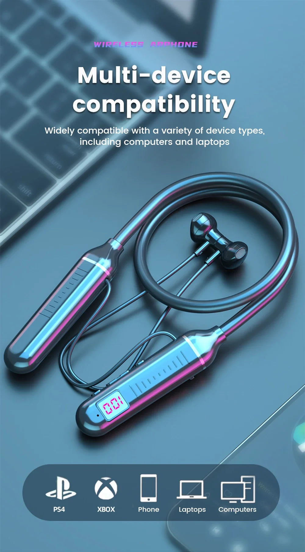 Wireless Headset 5.3 Neck Strap Headset Gaming LED display Stereo Sports headset with magnetic earbuds