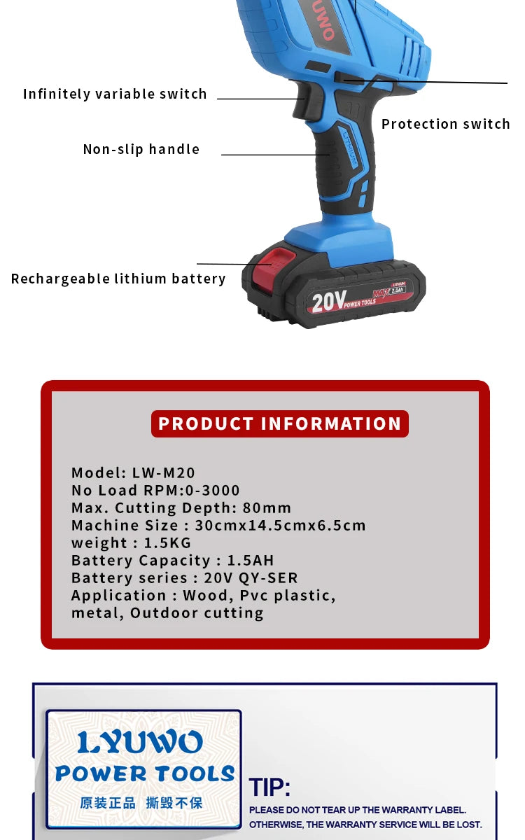 20V Rechargeable Reciprocating Saw Adjustable Speed Electric Saw Blade Saw Portable Wood Metal Cutting Chain Saw