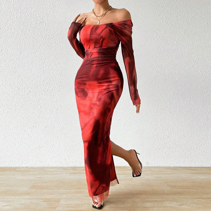 Mia Muse Autumn Winter Women's Dresses Fashion Fitting Slim Gradient Color Long Sleeve Scoop Neck Maxi Dresses