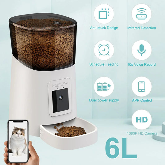 Video Automatic Pet Feeder with HD Camera, Food Dispenser for Cats and Dogs WiFi Smart Feeder with Camera 6L 2-Way Audio,Mobile