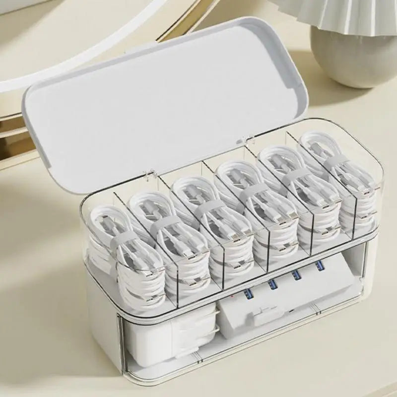Cable Box Organizer Clear Cord Storage Organizer Cable Management Box With Compartments Charger Wires Case For Drawer Desk