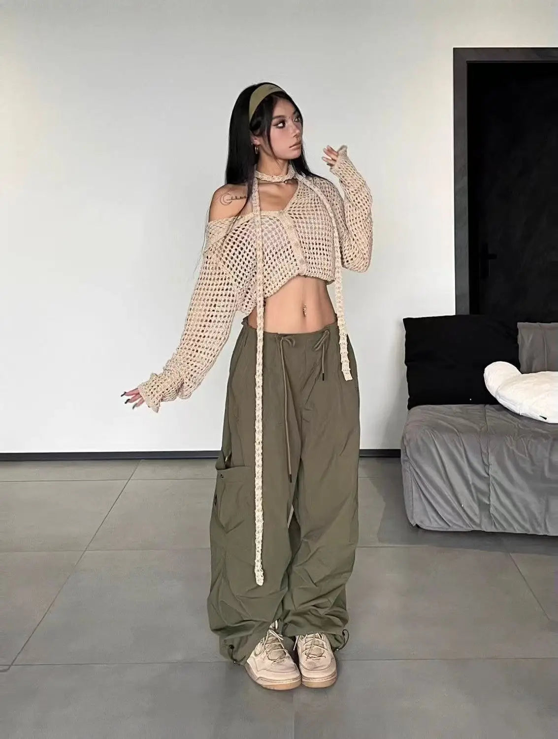 American Vintage Loose Cargo Pants Women Casual Street Personality Women's Cargo Pants Drawstring Design New Spring Trousers