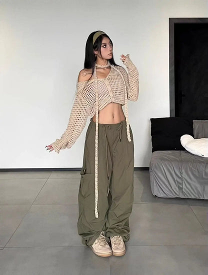 American Vintage Loose Cargo Pants Women Casual Street Personality Women's Cargo Pants Drawstring Design New Spring Trousers